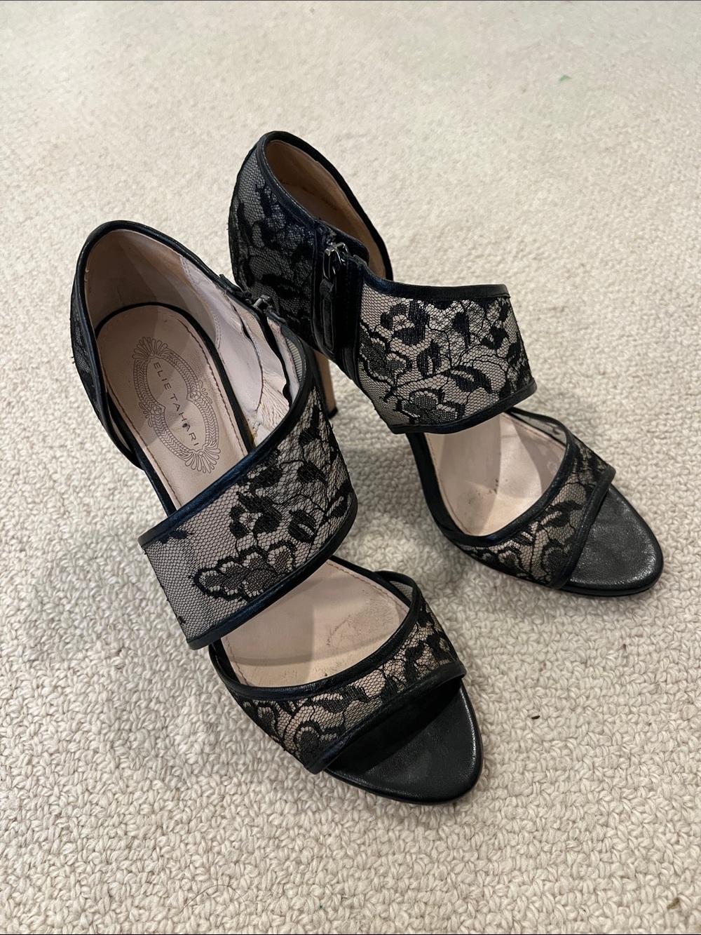 Elie Tahari Black Lace Mesh Open-Toe Heels